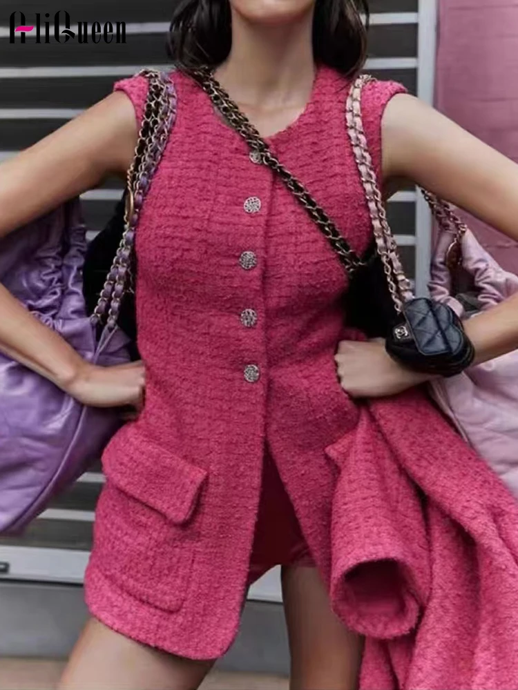 

Женское твидовое платье-майка, маленькое ярко-розовое платье без рукавов, однобортное шерстяное мини-платье на осень