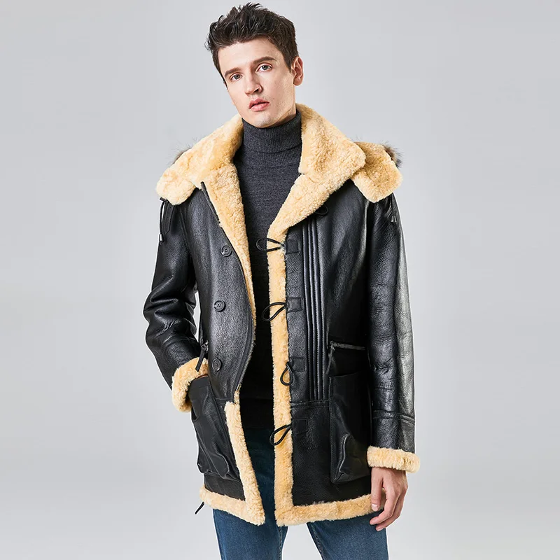 Winter Safari Jacket Men Natural Sheepskin Fur Integrated Long Air Force Fur Hooded Coat Black Genuine Leather Sherling Overcoat