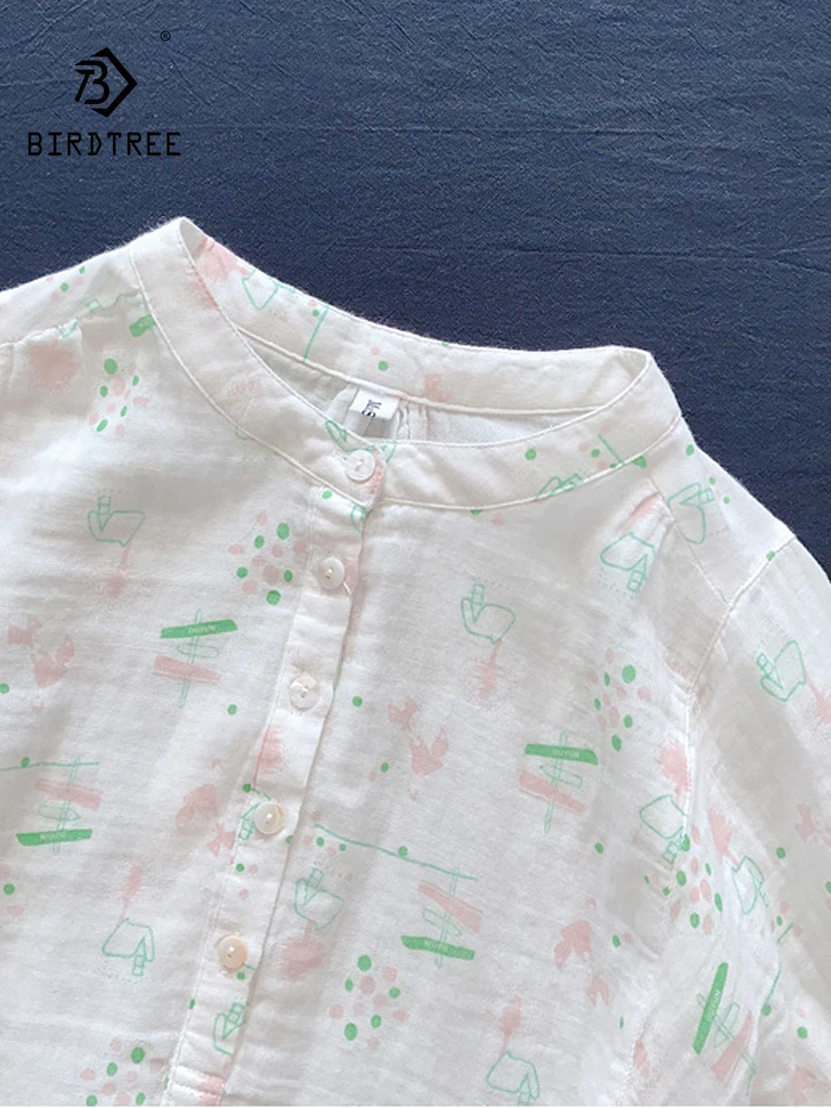 

New Autumn Cotton Print Shirts Women Stand Collar Tops Girls Half Sleeve With Buckle Loose Sweet Cute Blouses Spring T39144QC