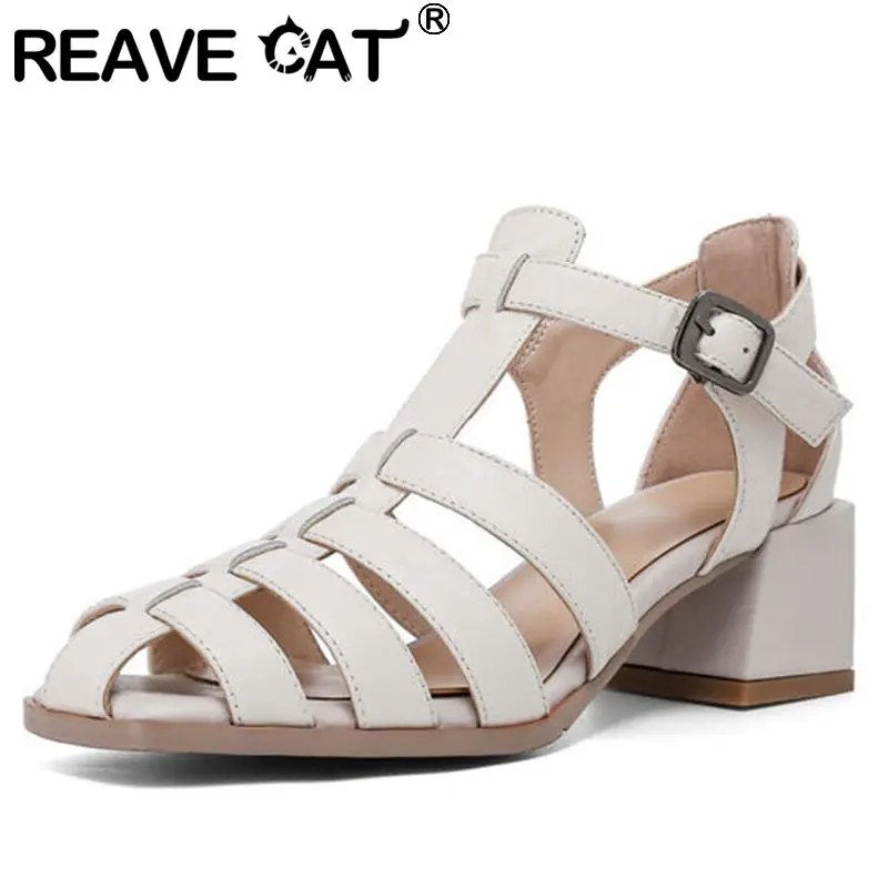 

REAVE CAT 2022 Full Grain Leather Women Sandals Weave Block Heel Crossed Straps Fashion Rome Size 34-39 Black Beige Summer S3585