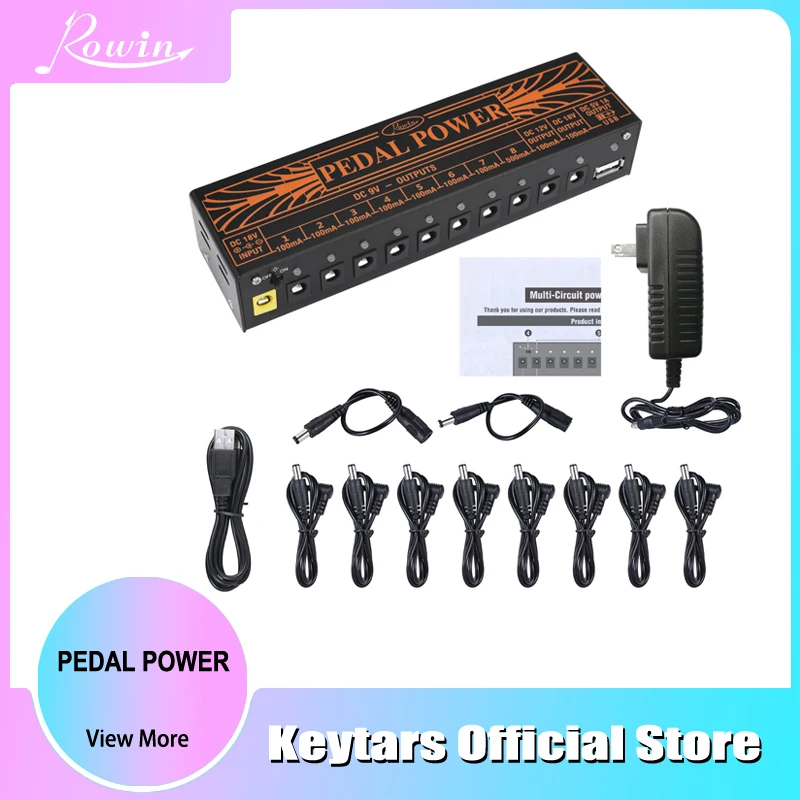 Rowin Guitar Pedal Power Supply 10 Isolated DC Output for 9V/12V/18V Effect Pedal with USB Charging Port for iPhone Noise Filter