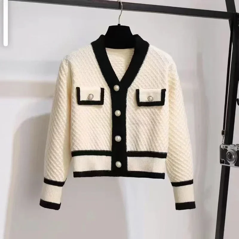 

NMZMAutumn And Winter Color-blocking Knitted Top Women Cardigan Long-sleeved V-neck Short 2023 New Coat Fashion All-match Top