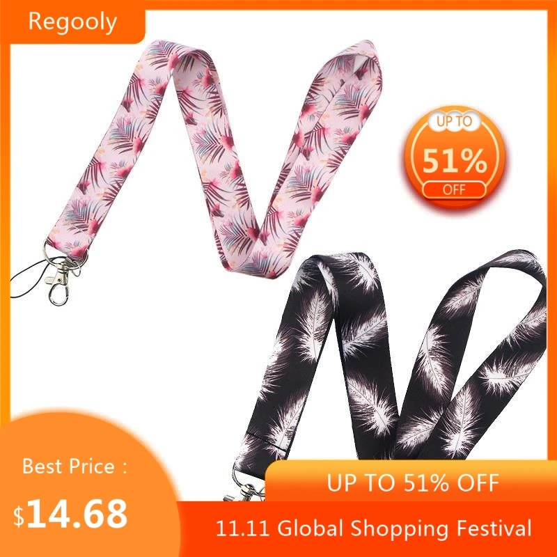 

30pcs Feathers Leaves Lanyard Keys Phone Holder Funny Neck Strap With Keyring ID Card DIY Animal webbings ribbons Hang Rope