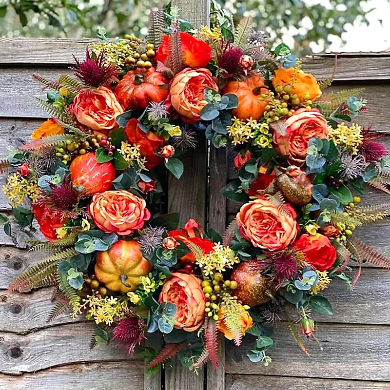 

Fall Peony And Pumpkin Wreath Year Round Wreath Festival Celebration Thanksgiving Wreath Simulated Garland Rattan Ring Decor