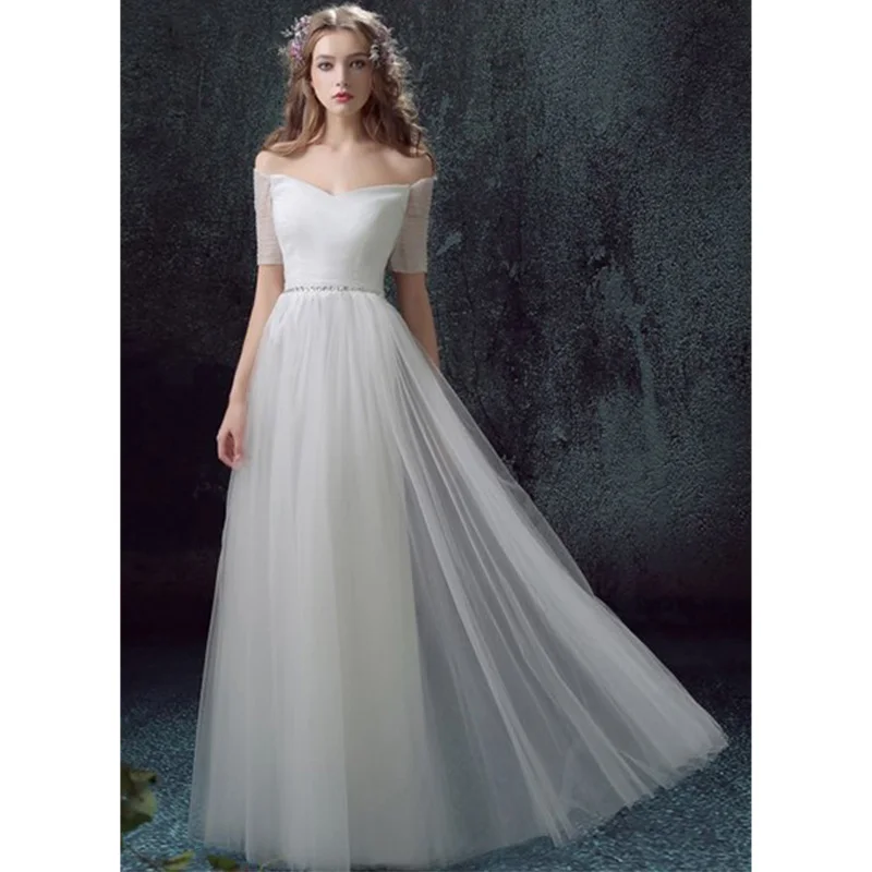 

2022 New White Women's Wedding Dress, Bride, Floor Length Skirt, Boat Neck, Half Sleeve, Backless, Elegant Sequin Embellishment