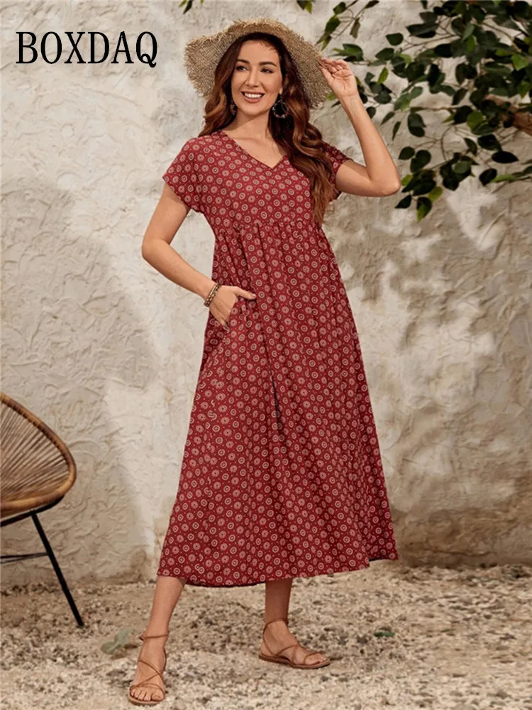 

New Floral Printed Dresses For Women Summer Bohemia Vintage Short Sleeve Long Dress Elegant Casual Maxi Dresses With Pocket 2023