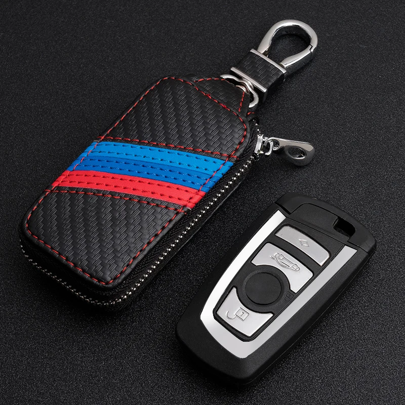 2021Carbon Fiber Leather Car Key Case Alloy Zipper Folding Key Wallet For Cadillac Hyundai Peugeot Honda Nissan Car Accessories