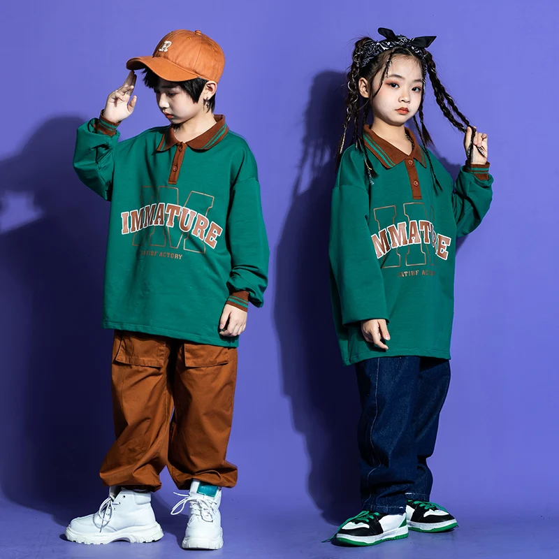 

Детские наряды Kpop для подростков, одежда в стиле хип-хоп, рубашка-поло, топы, штаны-карго для бега для девочек и мальчиков, костюм для джазовых уличных танцев, одежда