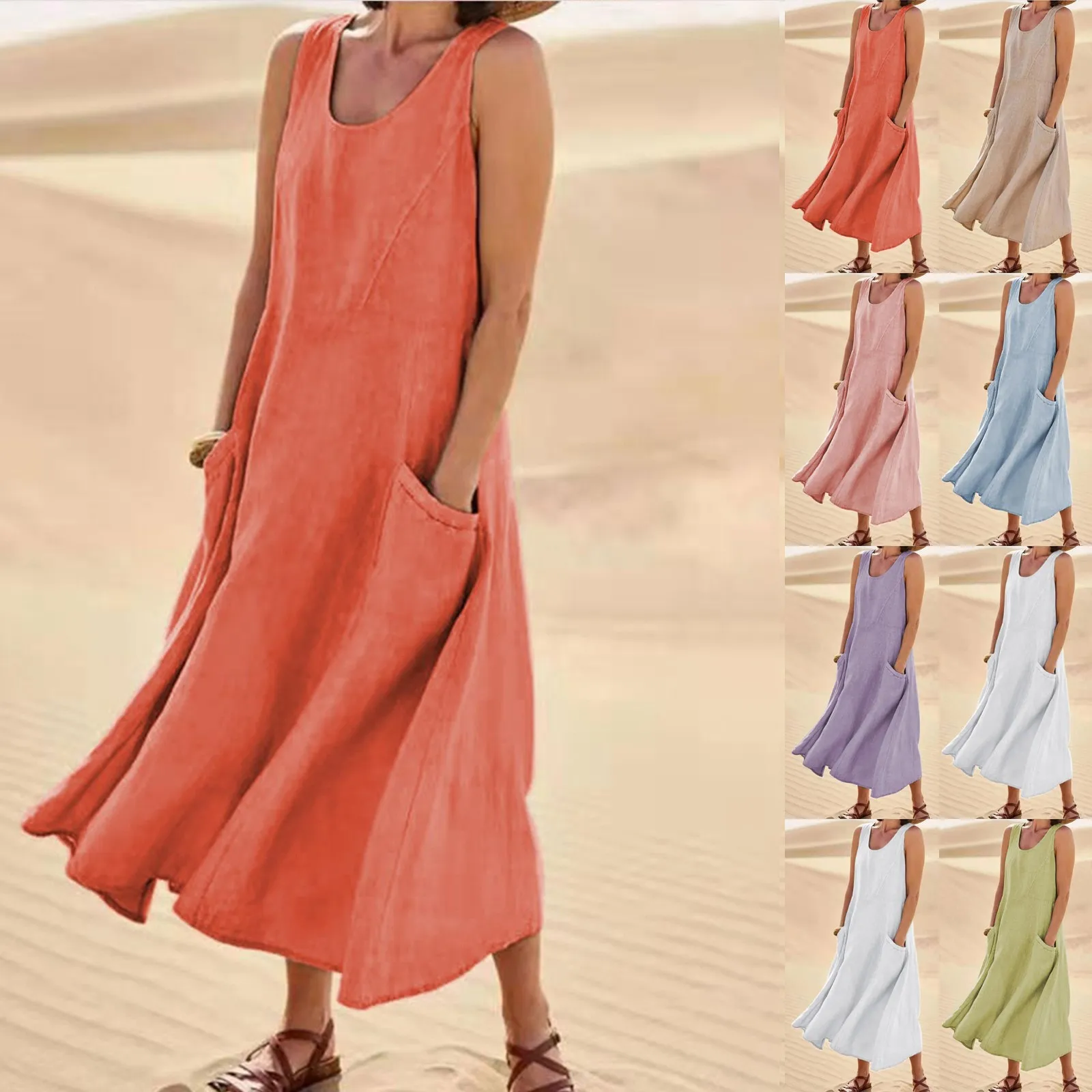 

Fashion Casual Long Dresses For Women Solid Colour Sleeveless Cotton Linen Pocket Dress High Quality Street Vintage Dresses
