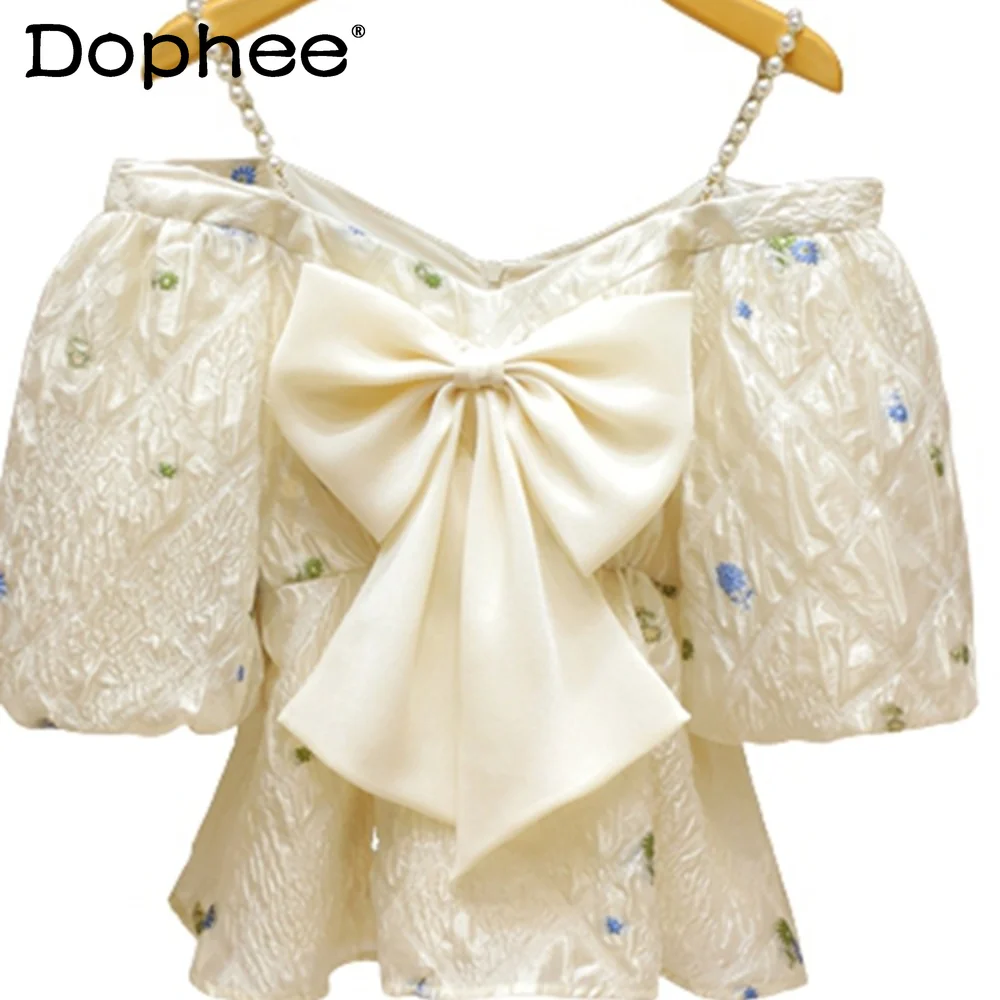 Summer 2023 Bow Suspenders Top Blouse Jacquard Embroidered Puff Sleeve Collarbone Off-Shoulder Short Blusas Sweet Fairy Shirts