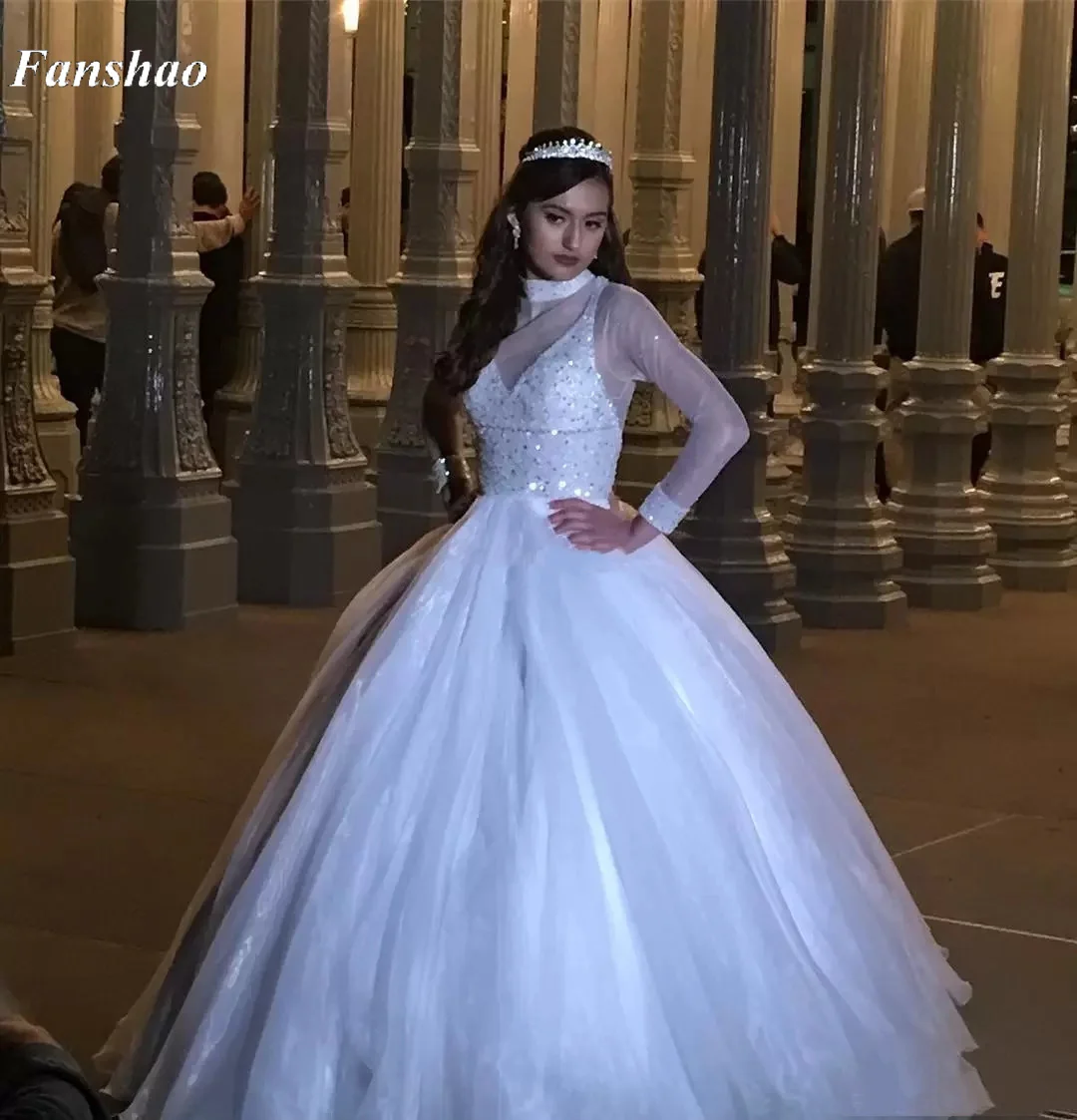 

Fanshao wd743 High Neck Quinceanera Dresses Long Sleeve Beads Debutantes Sweet 16 Party Dress Vestidos De 15 Anos