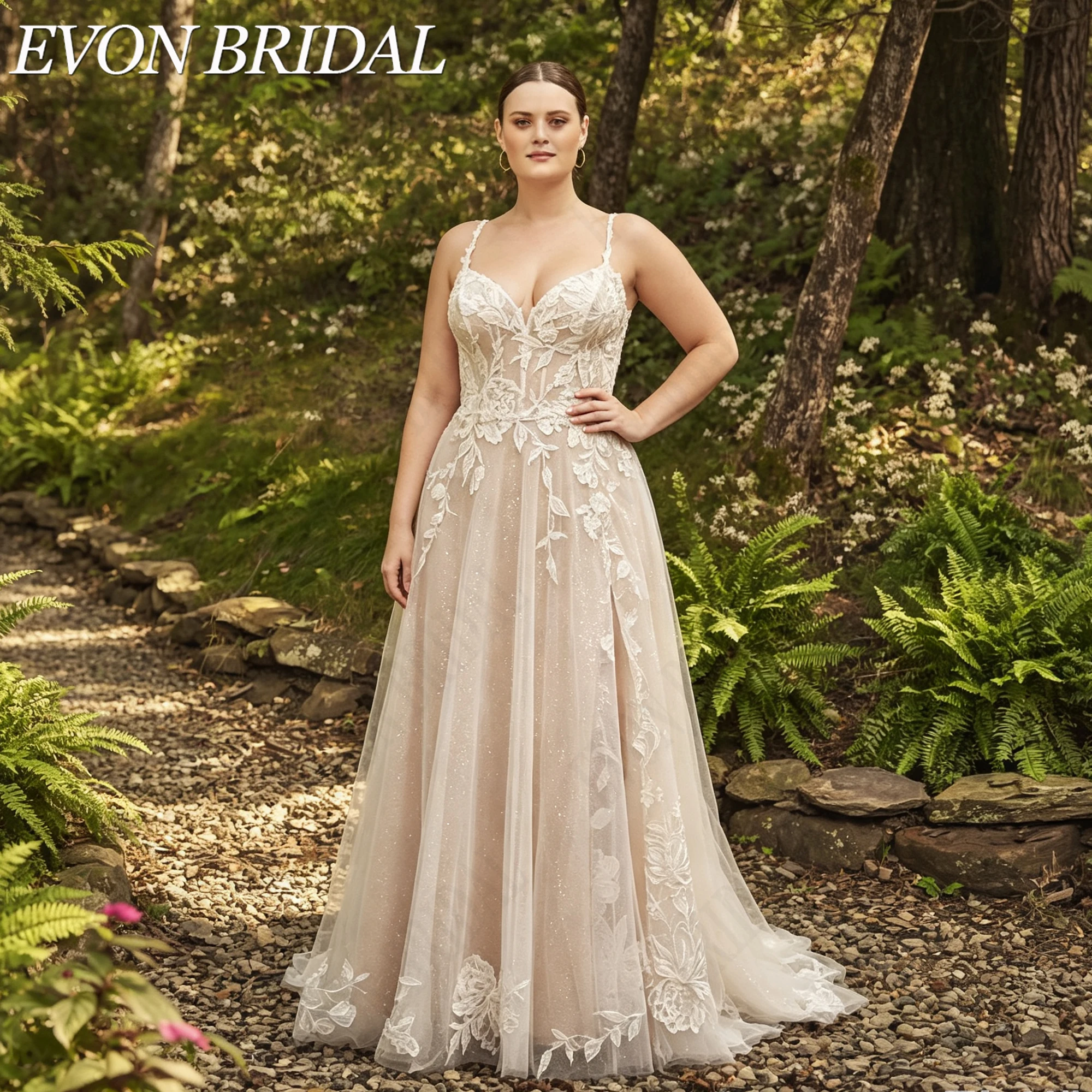 Фото EVON BRIDAL Свадебное платье на тонких бретелях с аппликациями для пышных женщин глубокое V вырез А-силуэт высокий разрез свадебное платье заказ элегантное подвенечное платье для невесты ручная вышивка индивидуальный №2