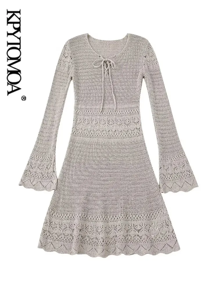 

Женское трикотажное мини-платье KPYTOMOA, винтажное, с V-образным вырезом и длинным рукавом