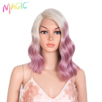 maigc synthetic lace front wig ombre pink black wavy side part short bob wigs high temperature fiber for black women cosplay