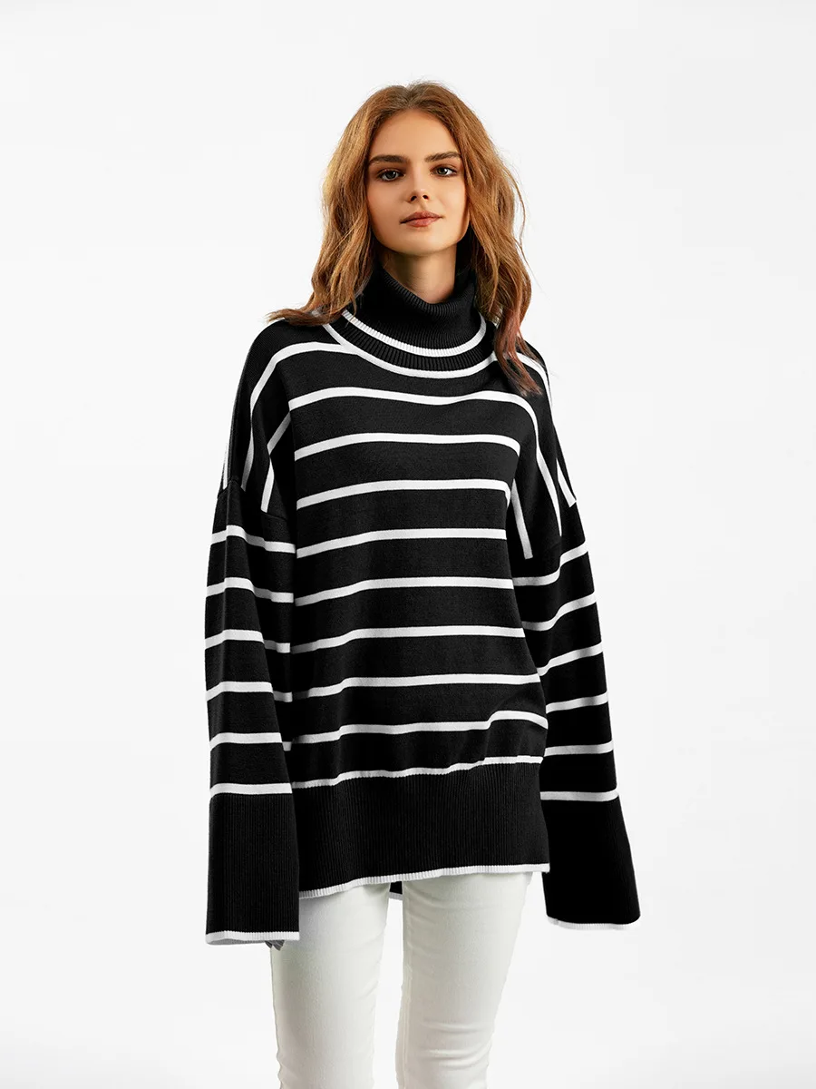 

RDMQ 2023 Sweaters Mujer Stripes Turtleneck Contrast Color Autumn Winter Jerseys Korean Fashion Vintage Thick Warm Knitwears