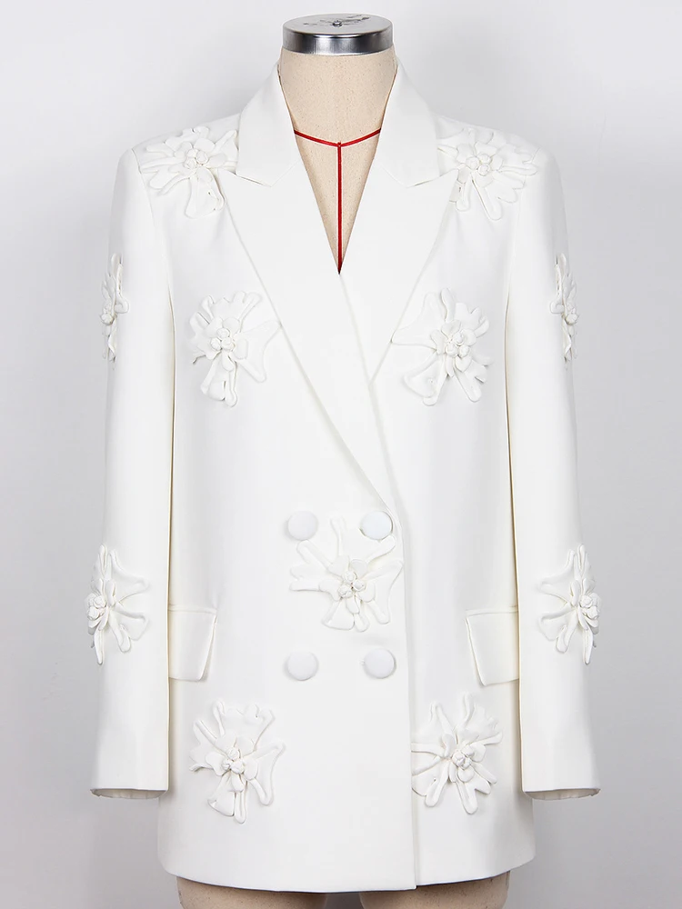 ZJYT Luxury 3D Flroal Long Blazers for Women Jacket Coat Autumn Winter Turn Down Collar Party Office Outerwear Elegant White