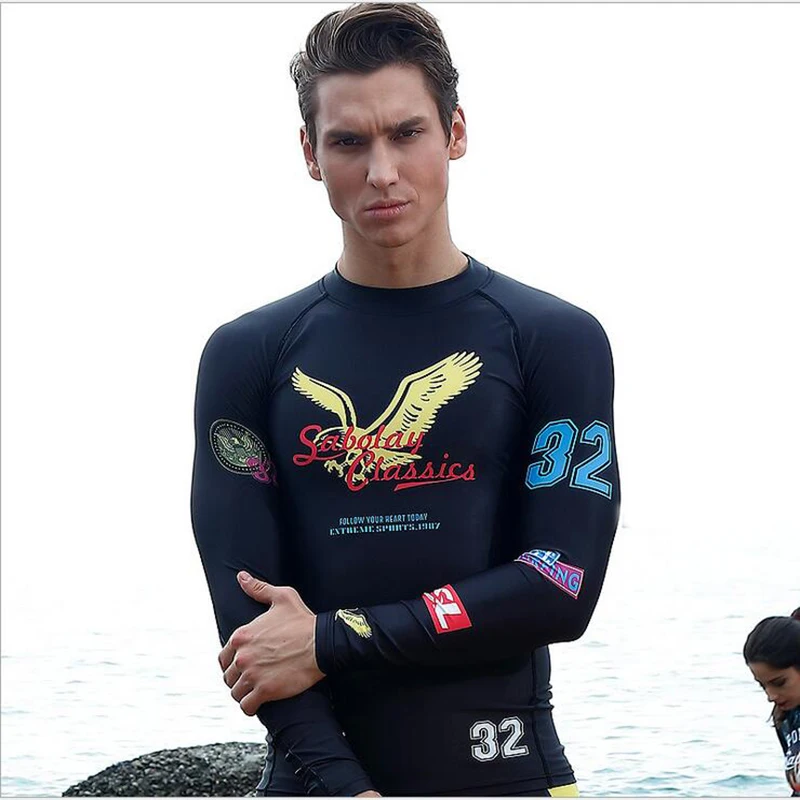 

SABOLAY Men Tops High Elasticity Rashguard Shirts Quick Drying Lycra Surfing Clothes Swimming Suit Beach Clothes UV Protection