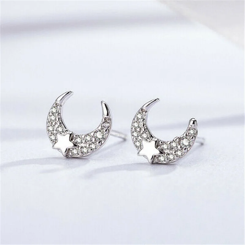 

925 Silver Moon Star Womens Gift New Stud Earrings Jewellery Valentine