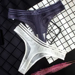 Ice Silk Thong Women's Sexy Lingerie Transparent Stripes Hollow Out Underwear Youth Lady Low Waist Fitness Seamless Mini Paties