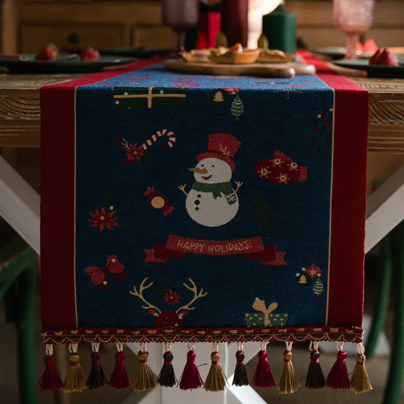 

Christmas Table Runner with Tassels Yarn-dyed Jacquard Xmas Snowman Table Cloth Table Runner for Dining Home Table Decoration