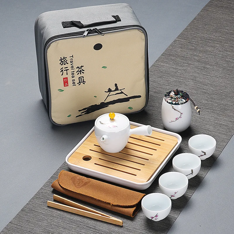 

Travel Tea Set Ceramic Jingdezhen Painted Gold Tea Tray Storage Outdoor Quick Guest Cup One Pot Four Cups KungFu Tea Set Teaware