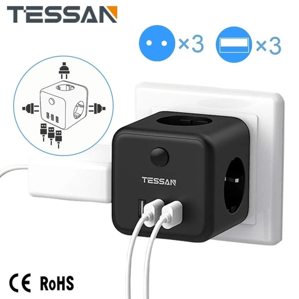 

Сетевая розетка TESSAN с 3 евророзетками, удлинитель с 3 USB-портами для зарядки, Европа, настенная розетка, адаптер для дома, черный куб