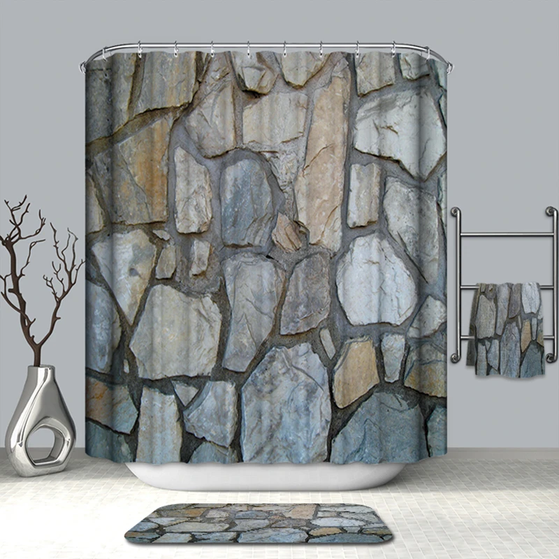 

Summer 3D Shower Curtains Realistic Stone Ramparts Brick Wall Pattern Polyester Washable Bath Curtain Bathroom Products 180x180