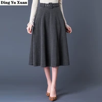 womens wool flare skirts with belt winter women a line midi pleated skirt knee length office ladies high waist long skirts