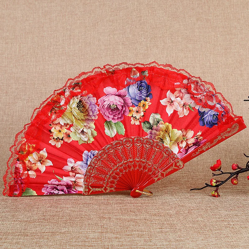 

Rose Lace Women Folding Fan Chinese Plastic Fan Dance Lace Fan for Anniversary Wedding Gifts for Guests