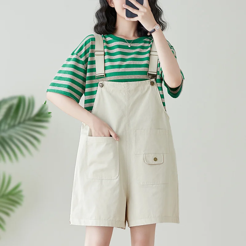 

#2419 Summer Beige Overalls Women Thin Sleeveless Rompers Womens Jumpsuit Shorts Loose Wide Leg Playsuits Pockets Sexy