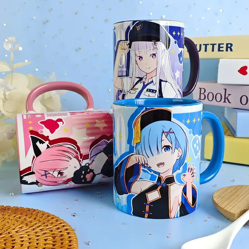 Фото Re: Zero Kara Hajimeru Isekai Seikatsu Emilia Rem Аниме Периферия с мультяшным принтом Бытовая ценная керамическая чашка для кофе с молоком №4