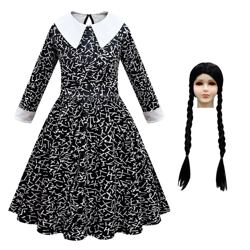 

Adams Cosplay Black Dresses White Collar Costume Outfits Same Dress Wig Hair Women Girl Vintage Black Gothic Theme Party