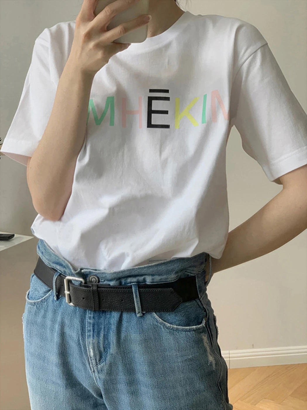 

Colorful Letter Print Women's T Shirt Summer 2022 Cotton Round Neck Short Sleeve White Tee Tops Simple Loose Casual T-shirts