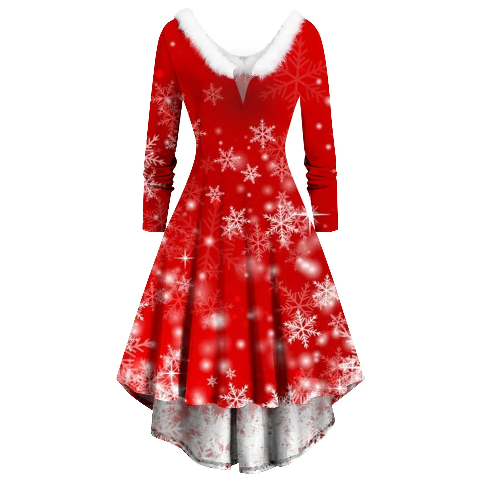 

Latest Design V Neck Red Dress Cartoon Print Long Sleeve Christmas Dress Women Casual Maxi Dresses for Women