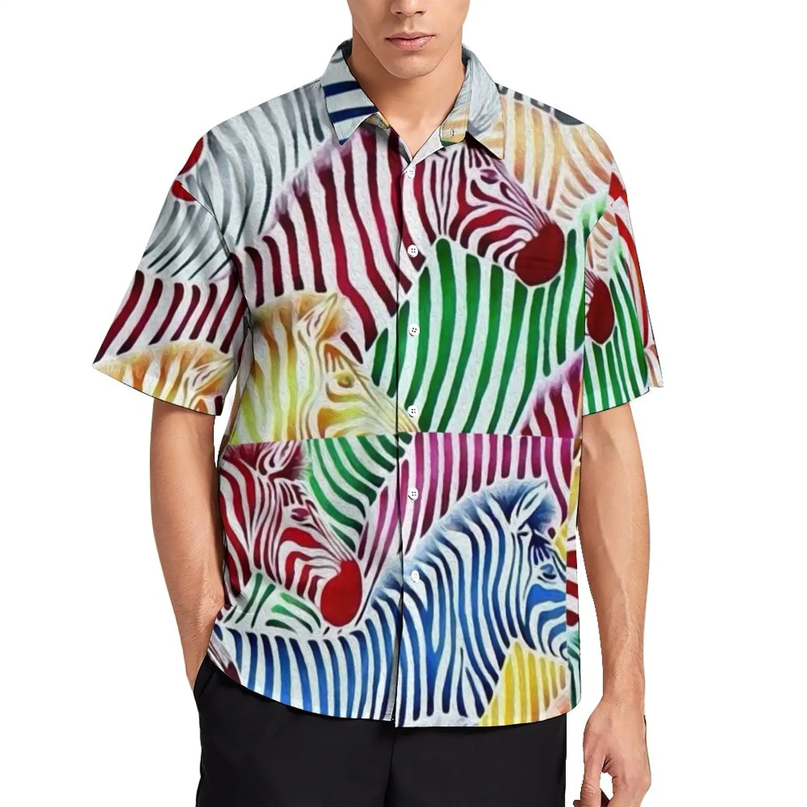 

Colorful Zebra Loose Shirt Male Vacation Texture Wild Animal Casual Shirts Hawaiian Print Short Sleeve Novelty Oversized Blouses