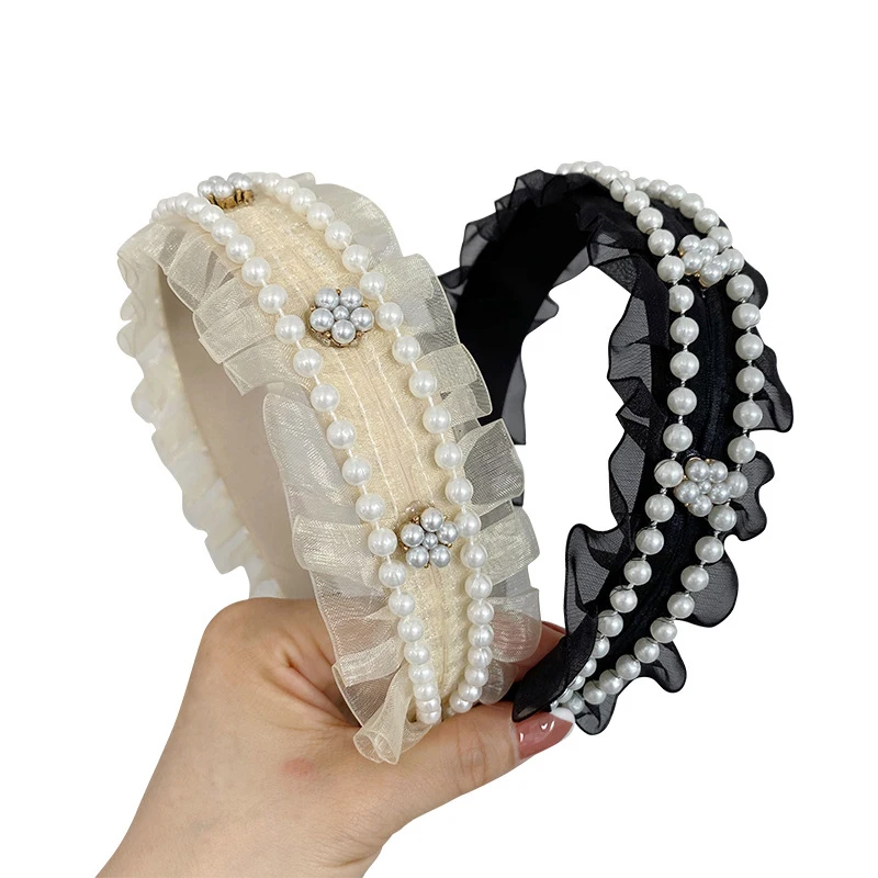 

Double Row Of Pearls Lace Headband Women Organza Black White Pleated Mesh Hairbands Bezel Korean Girls Wash Face Wide Hairbands