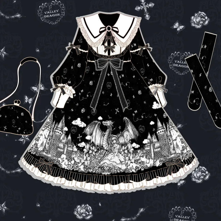 

Милое женское платье в стиле Диабло Лолита с воротником Питер Пэн, милое платье с бантом и оборками, готическое платье лоли с длинным рукавом и принтом