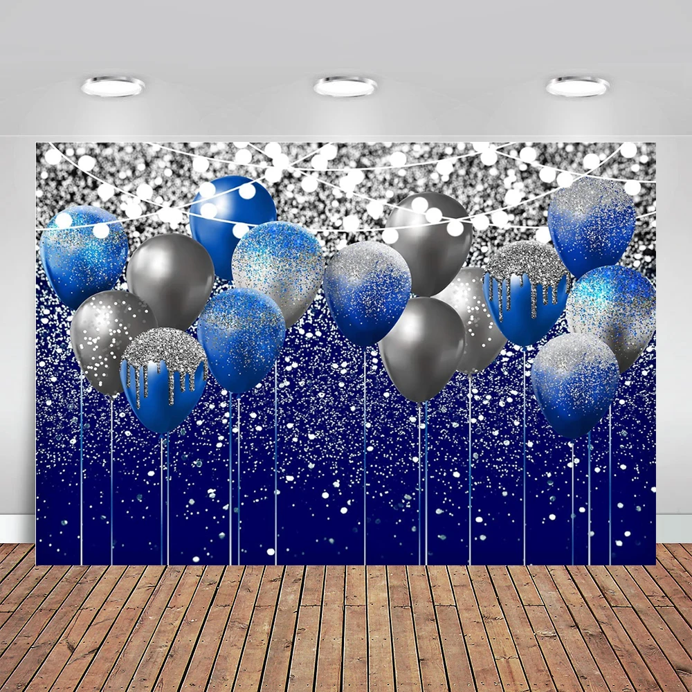 

Royal Blue Glitter Backdrop Birthday Backdrop Photo Background with Balloon for Party Decoration Banner Graduation