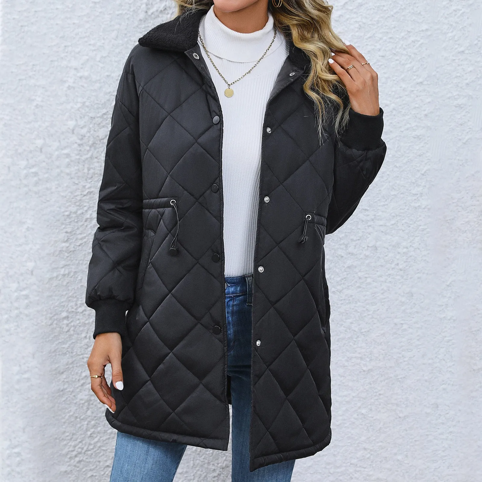 

Зимние теплые стеганые пальто, Женский Топ на пуговицах с длинным рукавом и воротником-стойкой, клетчатый приталенный карман, рубашка, куртка, пальто, Chaquetas