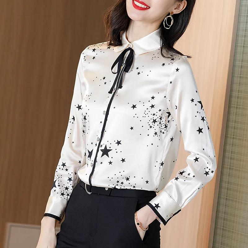 

Женские блузки Топы шелковые с цветочным принтом офисные формальные повседневные рубашки больших размеров весна лето сексуальные белые с черной звездой