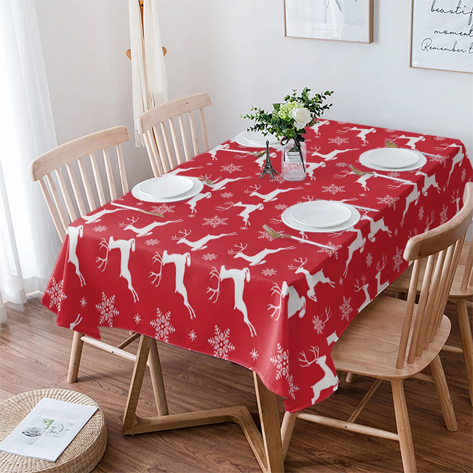 

Christmas Elk Snowflake Texture Kitchen Supplies Living Room Coffee Table Home Decor Dining Table Waterproof Tablecloth