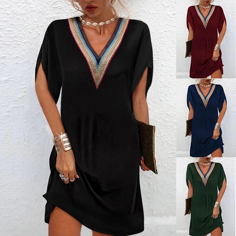 

Contrasting Color Comfortable V Neck Vintgae Dress Women's Summer Fashion Casual Loose Elegant Pullover Short Sleeve Party Dress