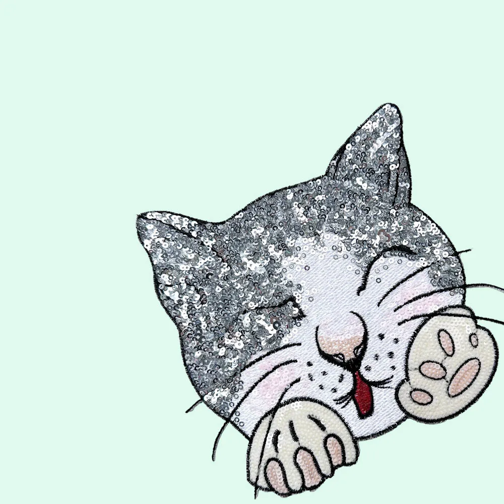 Серебряная нашивка с блестками и головой кошки стильное полиэстеровое