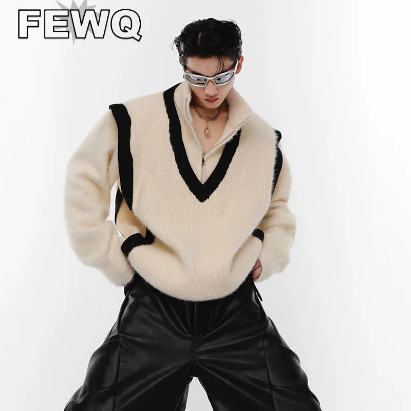 

FEWQ High Neck Male Pullover Sweater Ribbon Splicing Design Contrast Color Loose Thickened Knits 2023 Autumn New Fashion 9A6583