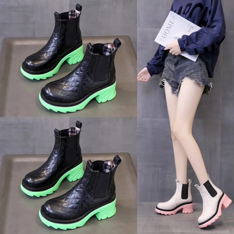 

Elastic Pu Leather Chunky Chelsea Boots Women Autumn Square Heels Platform Ankle Boots Woman Slip on Botas De Mujer 2021
