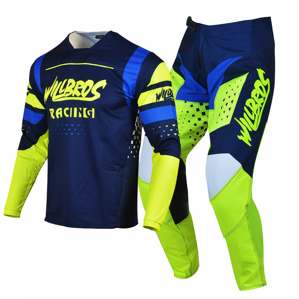 Willbros MX Blue Yellow Jersey and Pants Combo Motocross Motorcycle Dirt Bike Gear Set Off Road Outfit BMX MTB Enduro Suit