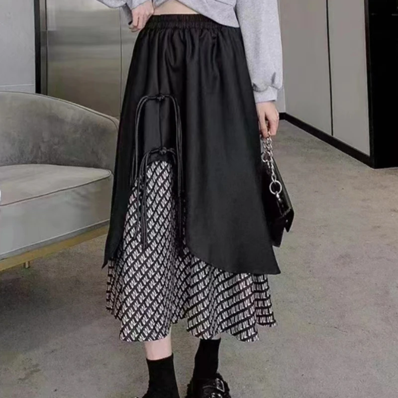 

OL Lace-up Pleated Skirt Woman Patchwork Irregular Plaid Elastic High Waist Midi Skirts Female Casual Sweet Jupe Dropshipping