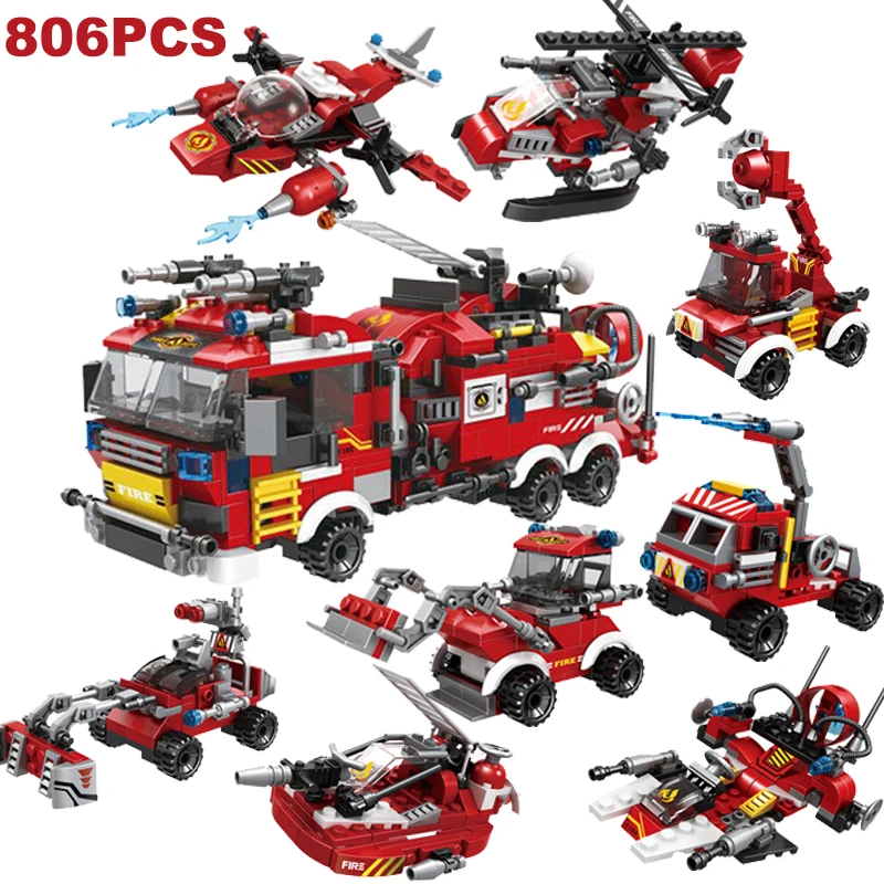 

806pcs City Fire Fighting Trucks Car Helicopter Boat Building Blocks Firemen Mini Figure Firefighter Bricks Children Toys 8 In 1