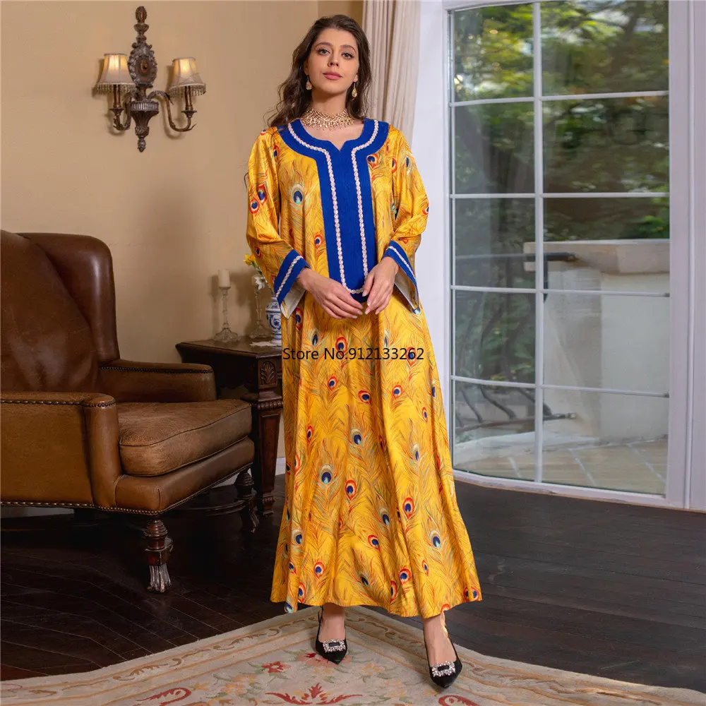 Elegant Ethnic Print Maxi Dress for Women Spring 2023 New Muslim Jalabiya Dubai Moroccan Caftan Middle Eastern Clothes Ramadan