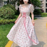 niggeey lace japanese lolita dress elegant puff sleeve pink floral bandage fairy dresses womens evening dress korean style